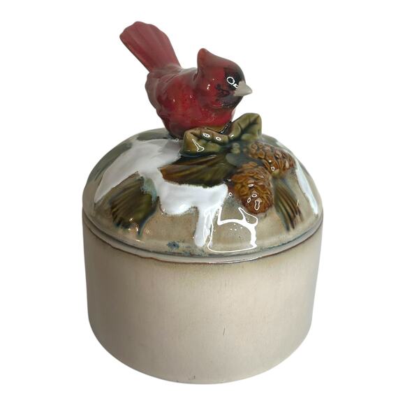 Vintage Winter Cardinal Scene Lidded Ceramic Porcelain Canister Trinket Box - Picture 5 of 10